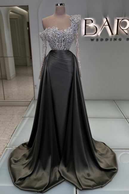 Charming Olive Square A-Line Long Sleeves Beaded Lace Column Panel Train Satin Evening Dresses With Pearls