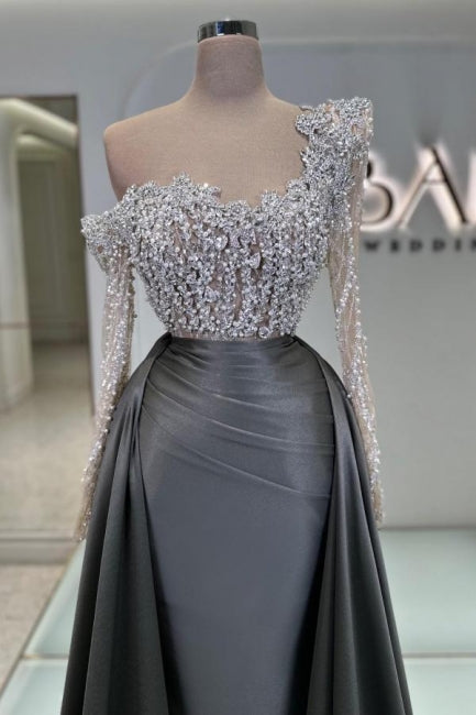 Charming Olive Square A-Line Long Sleeves Beaded Lace Column Panel Train Satin Evening Dresses With Pearls