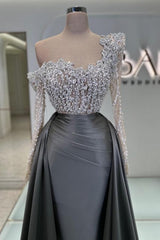 Charming Olive Square A-Line Long Sleeves Beaded Lace Column Panel Train Satin Evening Dresses With Pearls