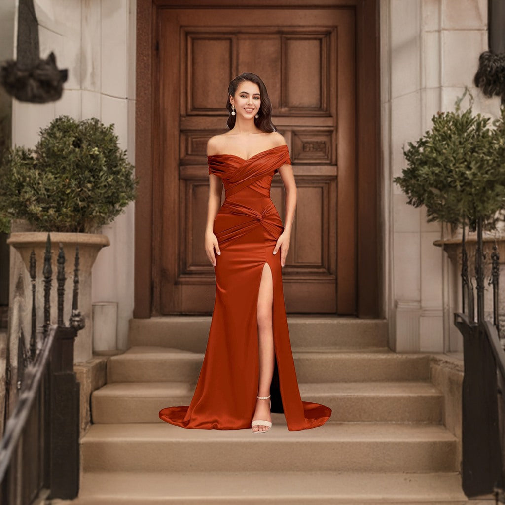 Charming Orange Mermaid Strapless Off-The-Shoulder Sleeveless Ruffles Satin Formal Dress With Slit
