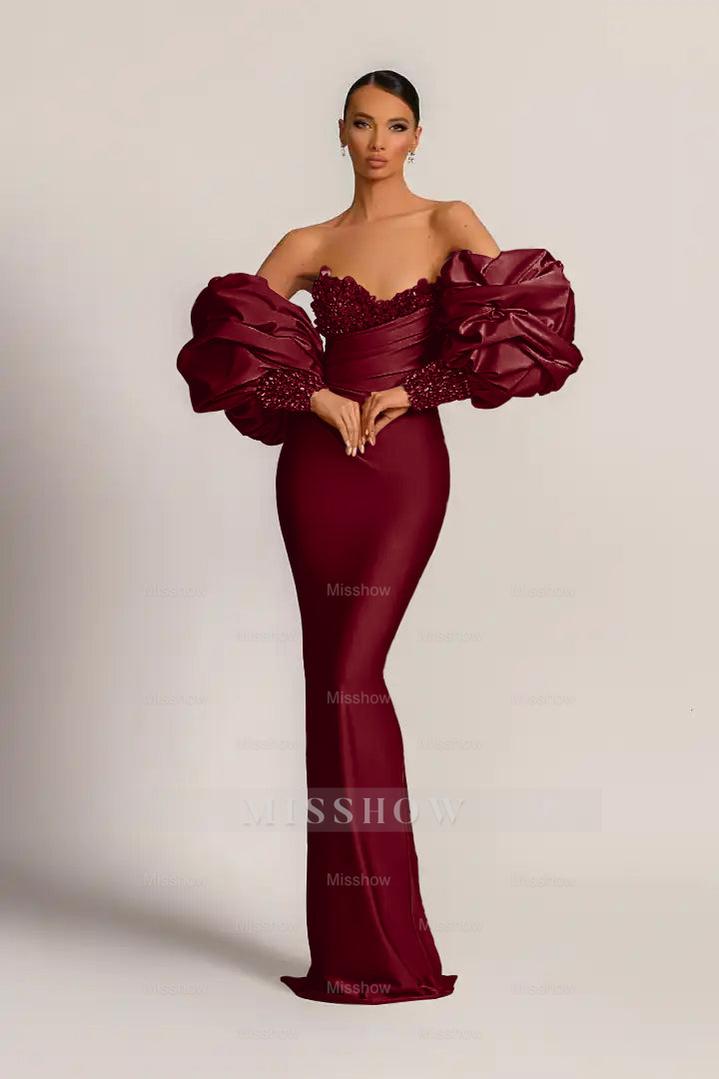 Charming Purple Strapless Mermaid Long Formal Dress With Appliques Puff Sleeves
