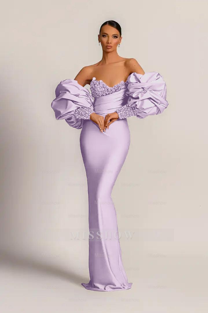 Charming Purple Strapless Mermaid Long Formal Dress With Appliques Puff Sleeves