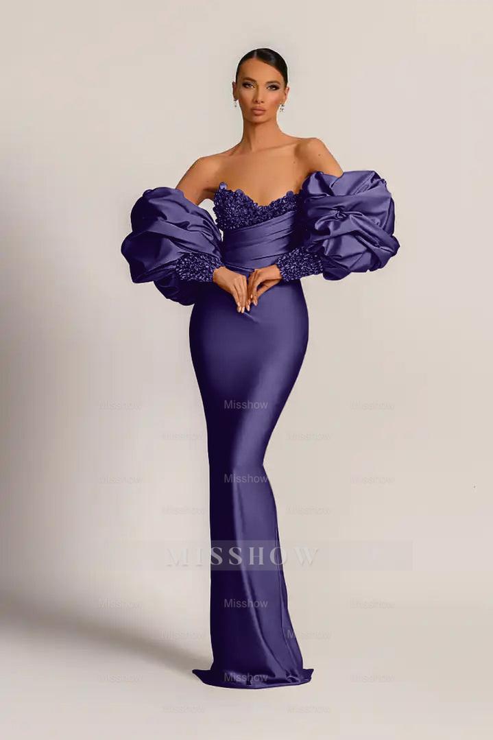 Charming Purple Strapless Mermaid Long Formal Dress With Appliques Puff Sleeves