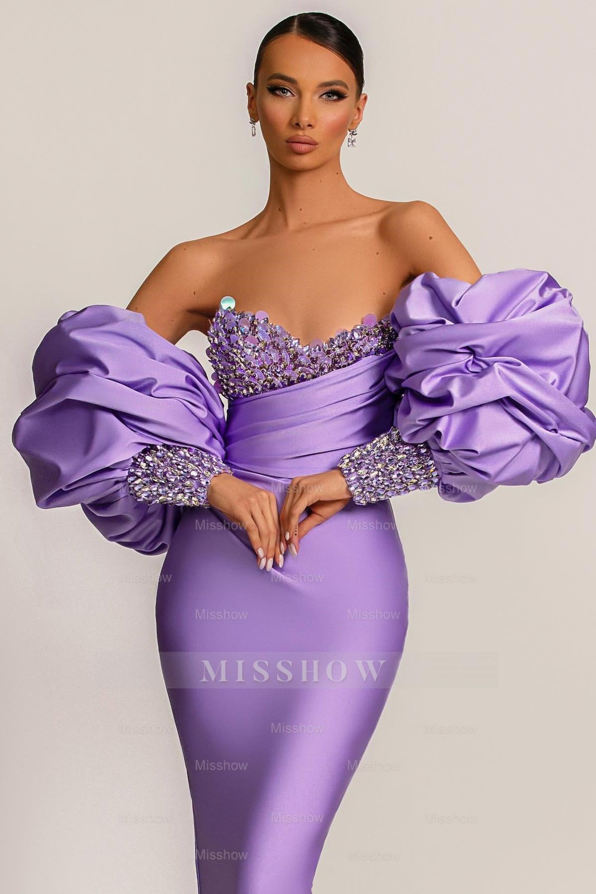 Charming Purple Strapless Mermaid Long Formal Dress With Appliques Puff Sleeves