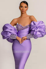 Charming Purple Strapless Mermaid Long Formal Dress With Appliques Puff Sleeves