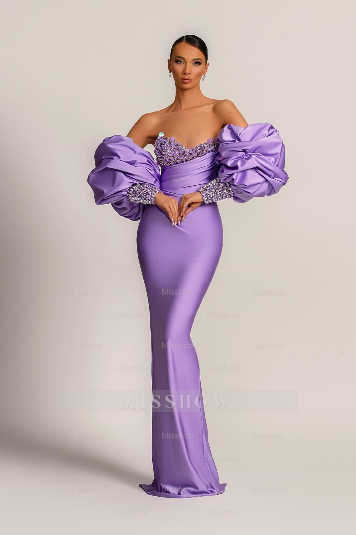Charming Purple Strapless Mermaid Long Formal Dress With Appliques Puff Sleeves