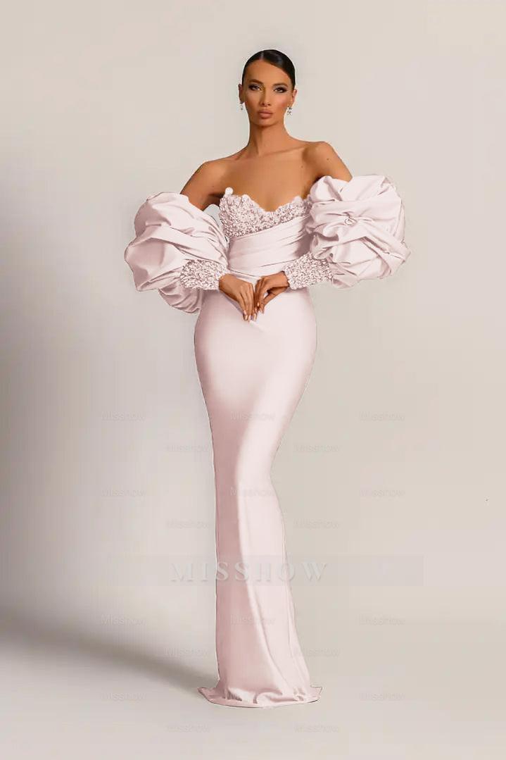 Charming Purple Strapless Mermaid Long Formal Dress With Appliques Puff Sleeves