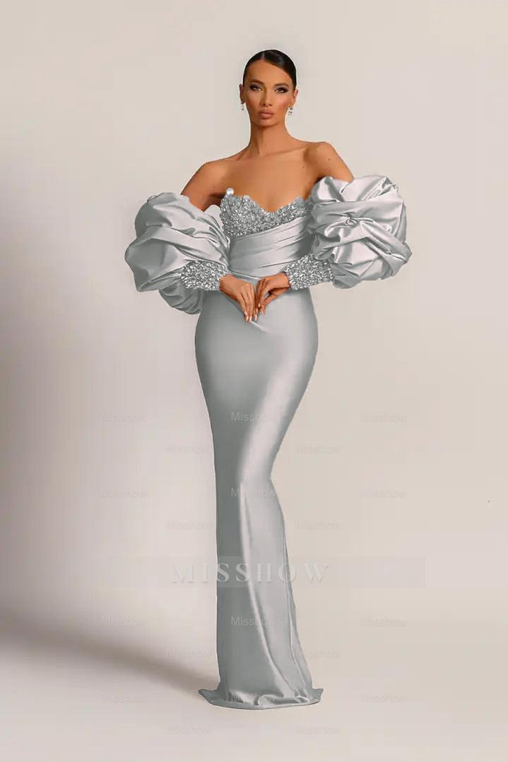 Charming Purple Strapless Mermaid Long Formal Dress With Appliques Puff Sleeves