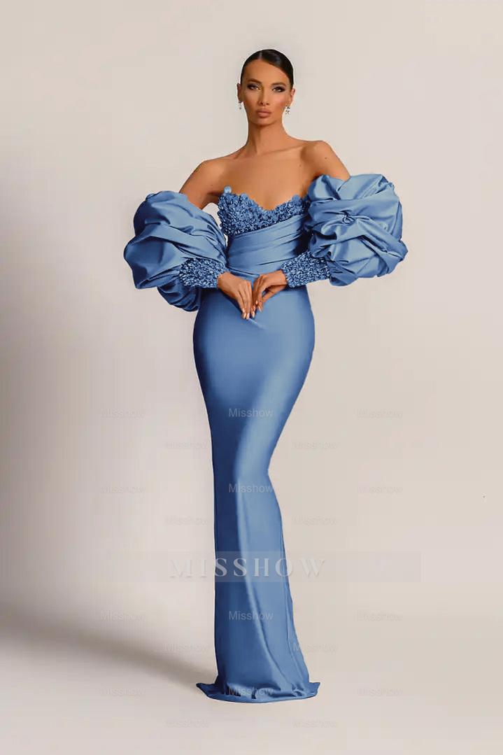 Charming Purple Strapless Mermaid Long Formal Dress With Appliques Puff Sleeves