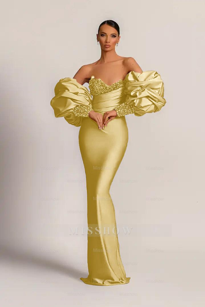 Charming Purple Strapless Mermaid Long Formal Dress With Appliques Puff Sleeves