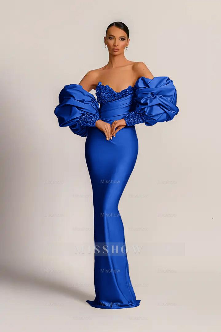 Charming Purple Strapless Mermaid Long Formal Dress With Appliques Puff Sleeves