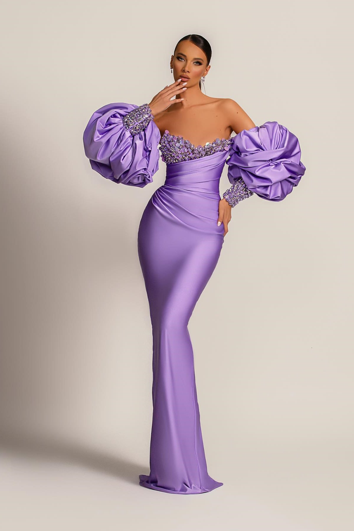 Charming Purple Strapless Mermaid Long Formal Dress With Appliques Puff Sleeves