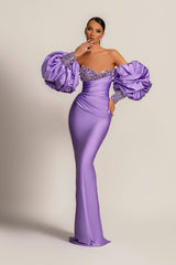 Charming Purple Strapless Mermaid Long Formal Dress With Appliques Puff Sleeves