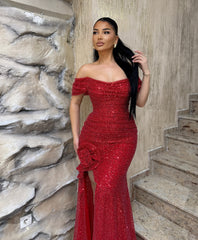 Charming Red Mermaid Off-The-Shoulder Strapless Beaded Floor-Length Formal Dress With Slit