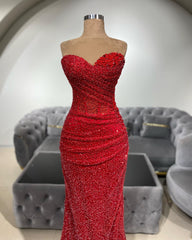 Charming Red Mermaid Sweetheart Sleeveless Sequined Beaded Long Evening Dress With Ruffles