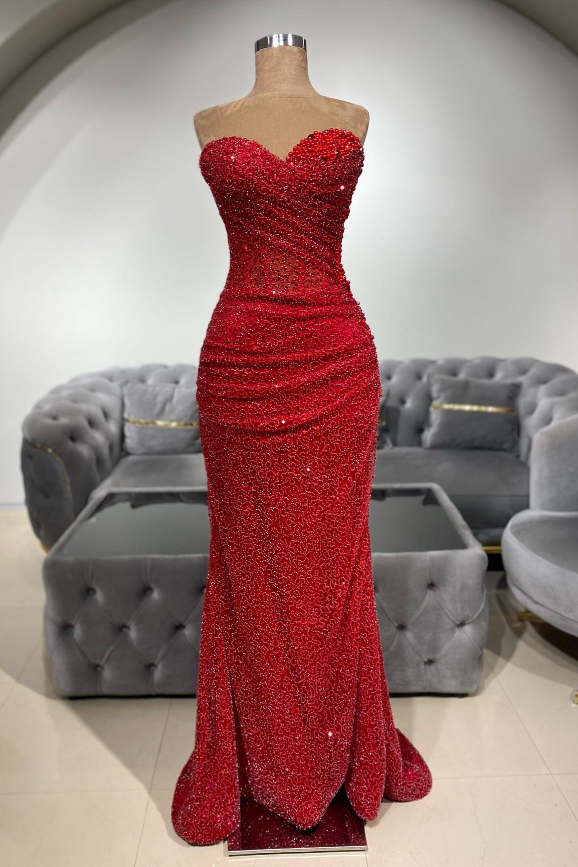 Charming Red Mermaid Sweetheart Sleeveless Sequined Beaded Long Evening Dress With Ruffles