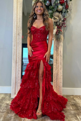 Charming Red Mermaid Sweetheart Strapless Sleeveless Sequined Sweep Train Satin Split Front Evening Dresses With Lace