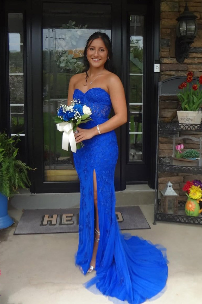 Charming Royal Blue Column Sweetheart Sleeveless Sequined Lace long Formal Dress With Slit