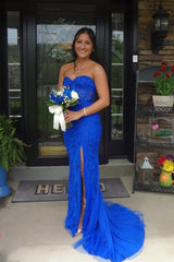 Charming Royal Blue Column Sweetheart Sleeveless Sequined Lace long Formal Dress With Slit
