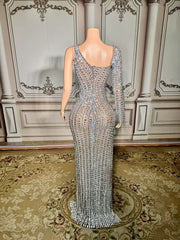 Charming Silver Mermaid One-Shoulder Beaded Long Sleeve Front Slit Tulle Long Evening Dresses With Rhinestones