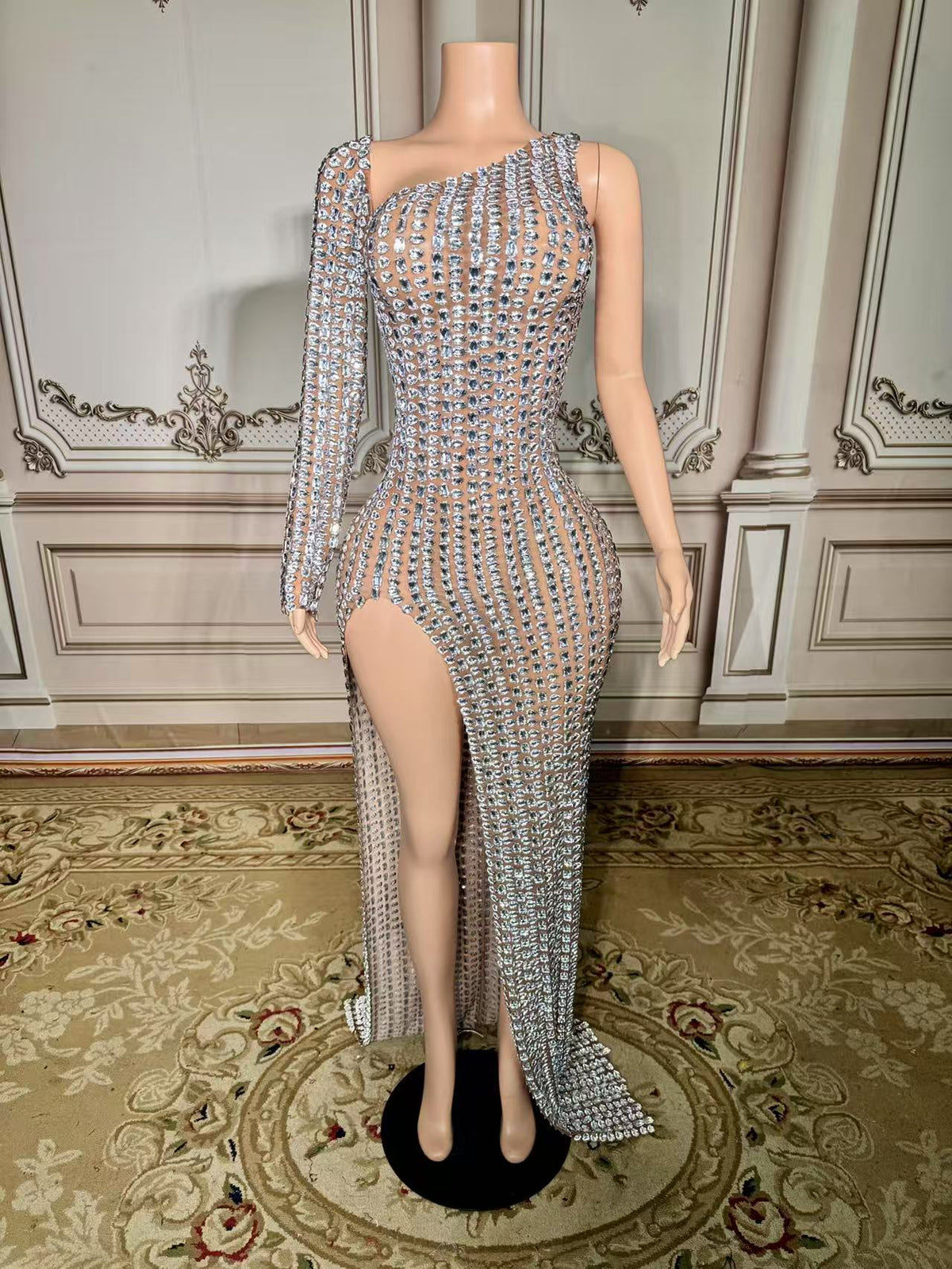 Charming Silver Mermaid One-Shoulder Beaded Long Sleeve Front Slit Tulle Long Evening Dresses With Rhinestones