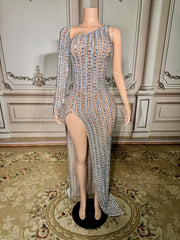 Charming Silver Mermaid One-Shoulder Beaded Long Sleeve Front Slit Tulle Long Evening Dresses With Rhinestones
