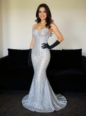 Charming Silver Mermaid Strapless Beaded Sleeveless Floor-Length Tulle Evening Dresses With Rhinestones
