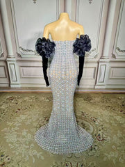 Charming Silver Mermaid Strapless Beaded Sleeveless Floor-Length Tulle Evening Dresses With Rhinestones