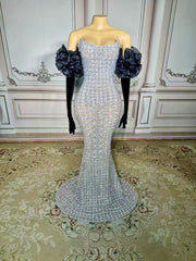 Charming Silver Mermaid Strapless Beaded Sleeveless Floor-Length Tulle Evening Dresses With Rhinestones