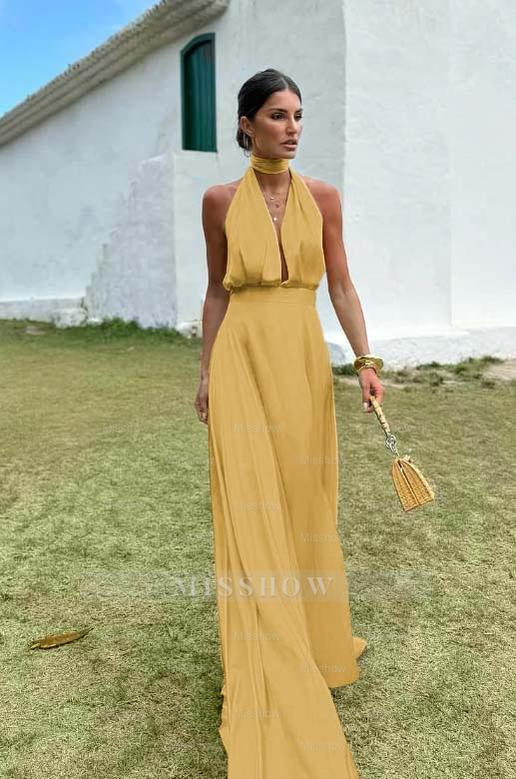 Charming Sleeveless Halter V Neck Long Formal Dress With Pleated