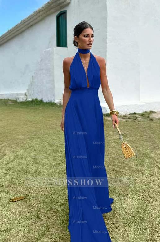 Charming Sleeveless Halter V Neck Long Formal Dress With Pleated