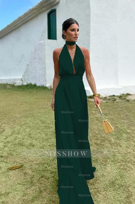 Charming Sleeveless Halter V Neck Long Formal Dress With Pleated