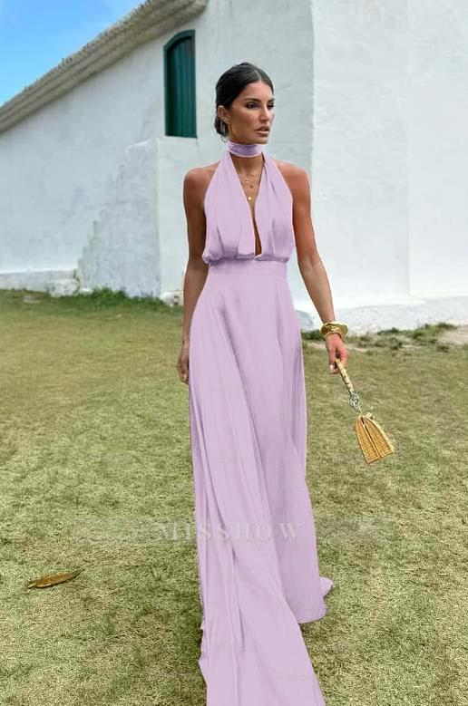 Charming Sleeveless Halter V Neck Long Formal Dress With Pleated