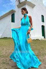 Charming Sleeveless Halter V Neck Long Formal Dress With Pleated