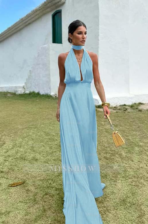 Charming Sleeveless Halter V Neck Long Formal Dress With Pleated