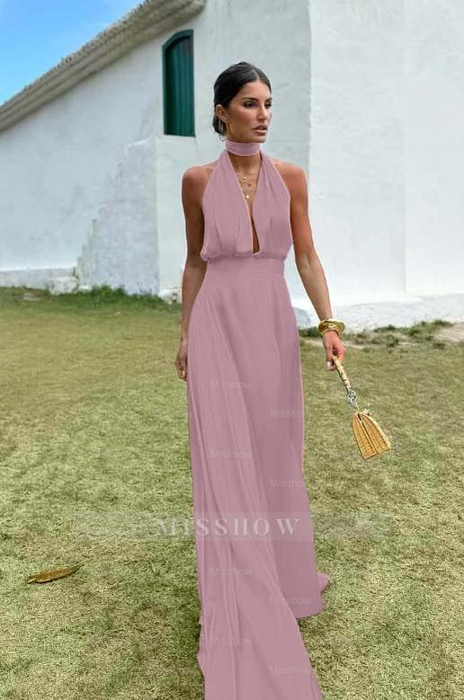 Charming Sleeveless Halter V Neck Long Formal Dress With Pleated