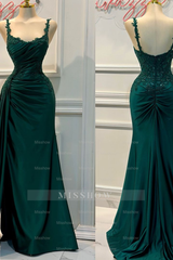 Charming Spaghetti Strap Sleeveless Pleated Long Formal Dress With Appliques