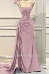 Charming Spaghetti Strap Sleeveless Pleated Long Formal Dress With Appliques