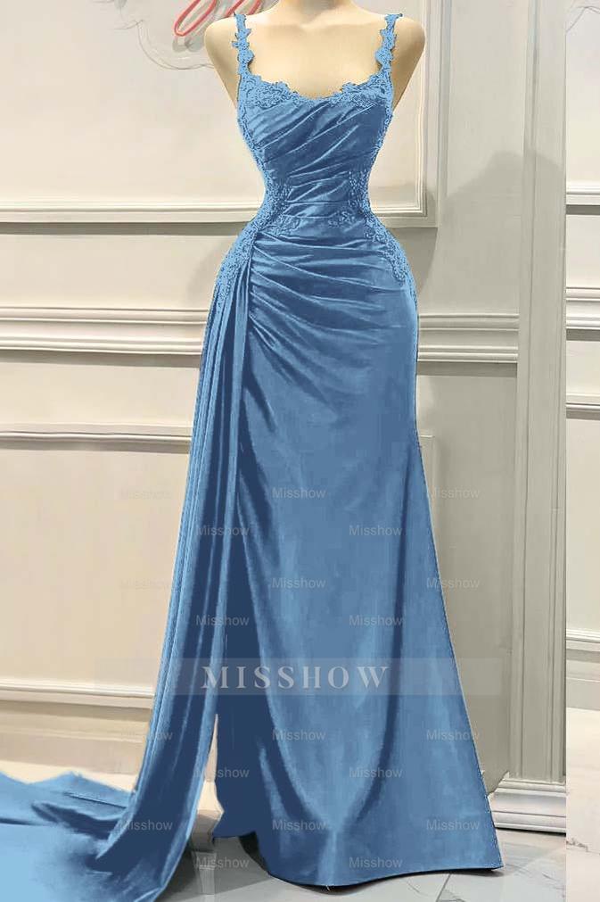 Charming Spaghetti Strap Sleeveless Pleated Long Formal Dress With Appliques