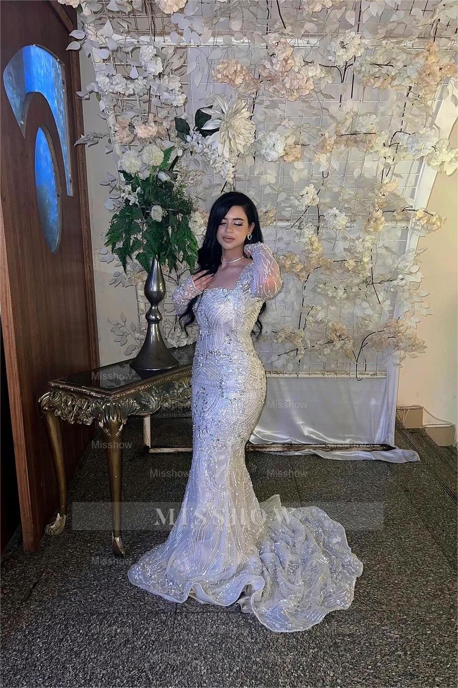 Charming Square Long Sleeves Mermaid Long Formal Dress With Bead Embroidery
