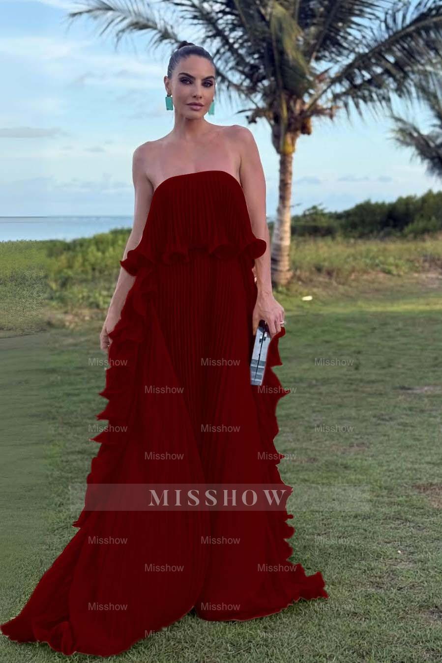 Charming Strapless Sleeveless Long Formal Dress With Pleated Ruffle