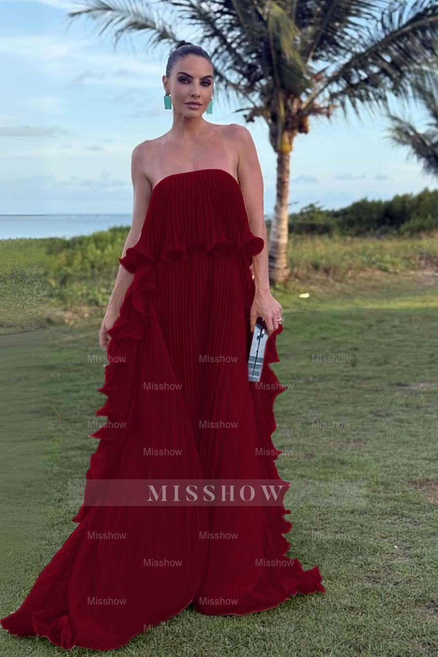 Charming Strapless Sleeveless Long Formal Dress With Pleated Ruffle