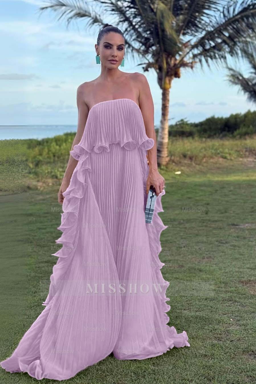 Charming Strapless Sleeveless Long Formal Dress With Pleated Ruffle