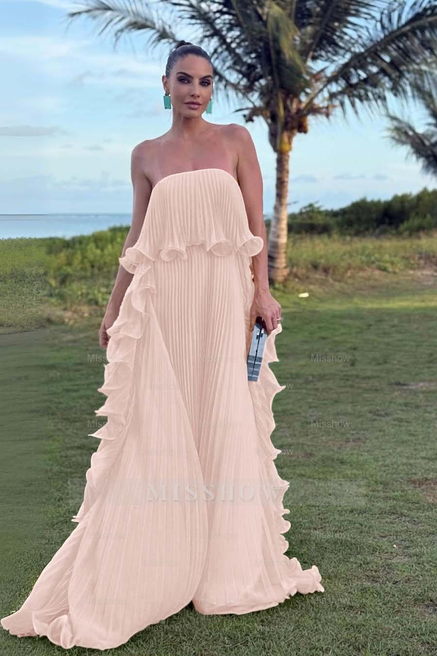 Charming Strapless Sleeveless Long Formal Dress With Pleated Ruffle