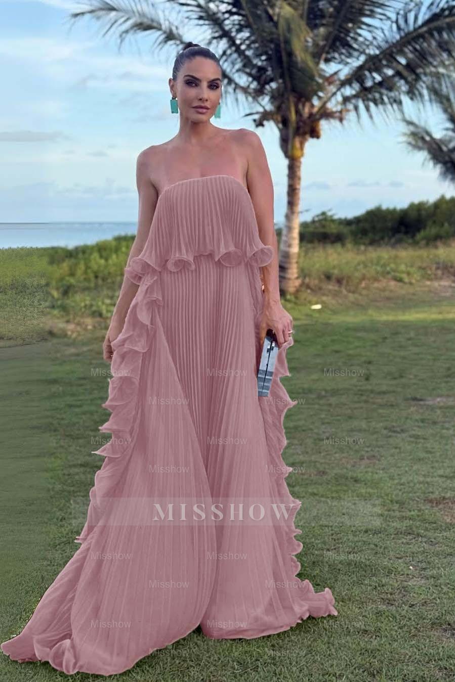 Charming Strapless Sleeveless Long Formal Dress With Pleated Ruffle