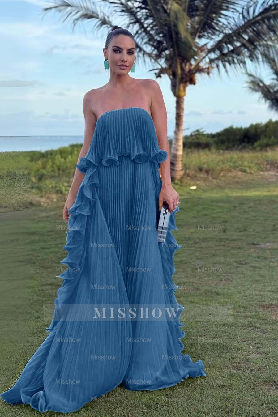 Charming Strapless Sleeveless Long Formal Dress With Pleated Ruffle