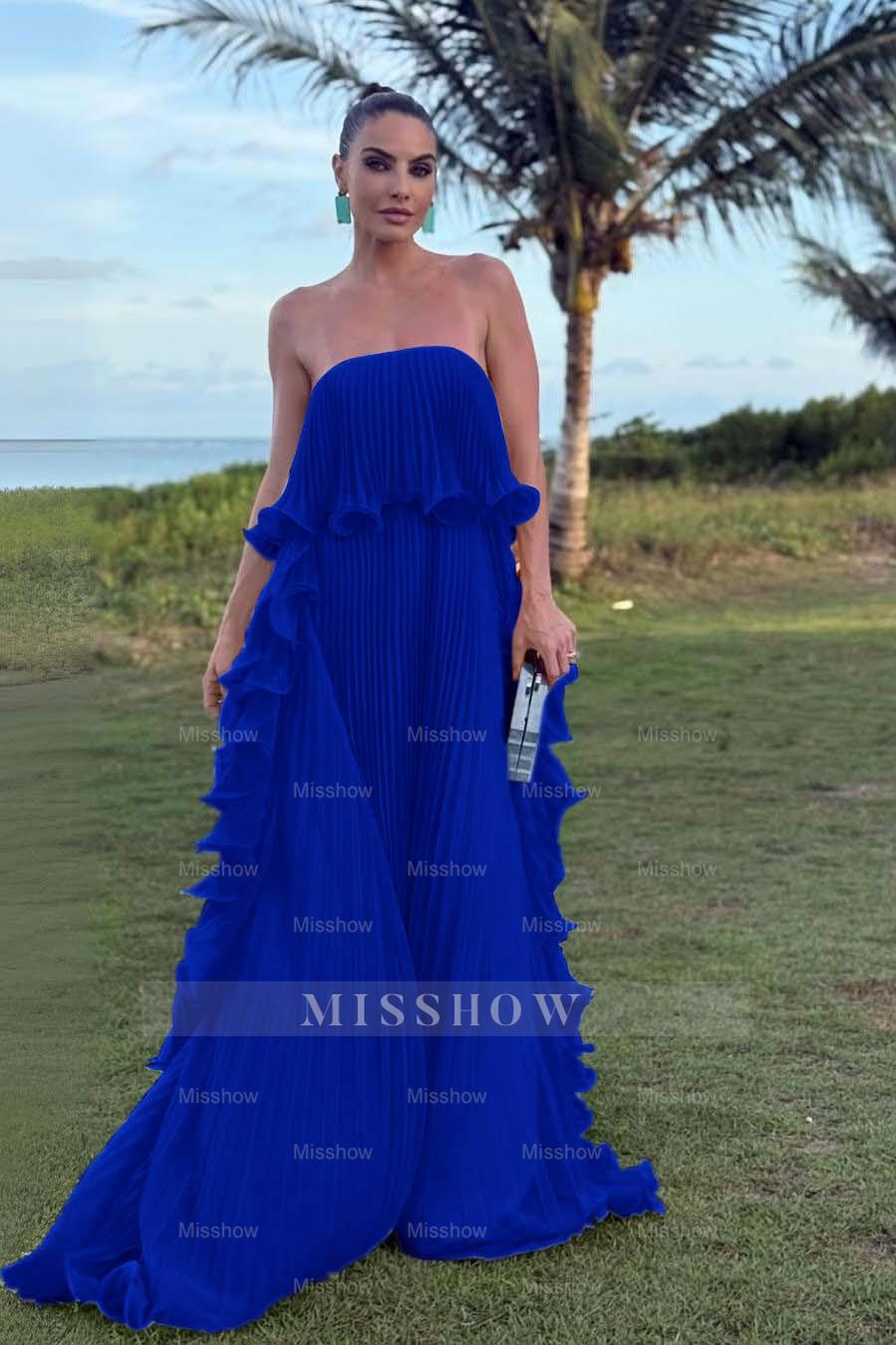 Charming Strapless Sleeveless Long Formal Dress With Pleated Ruffle