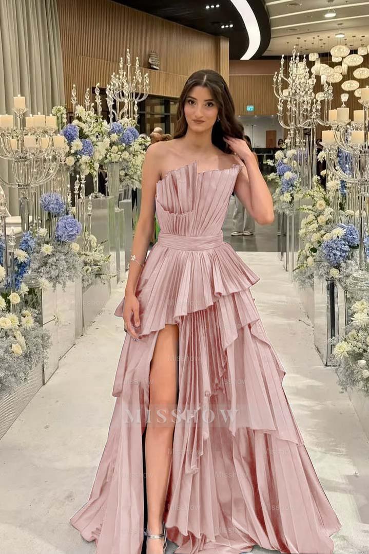 Charming Strapless Sleeveless Long Split Formal Dress With Pleated