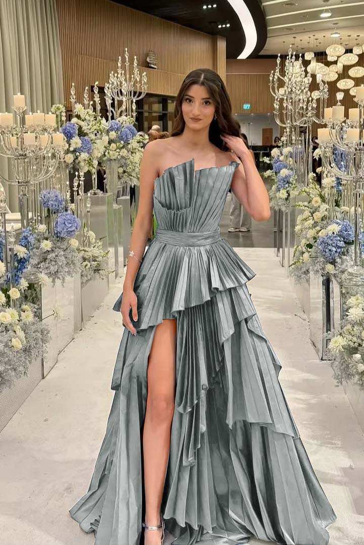Charming Strapless Sleeveless Long Split Formal Dress With Pleated