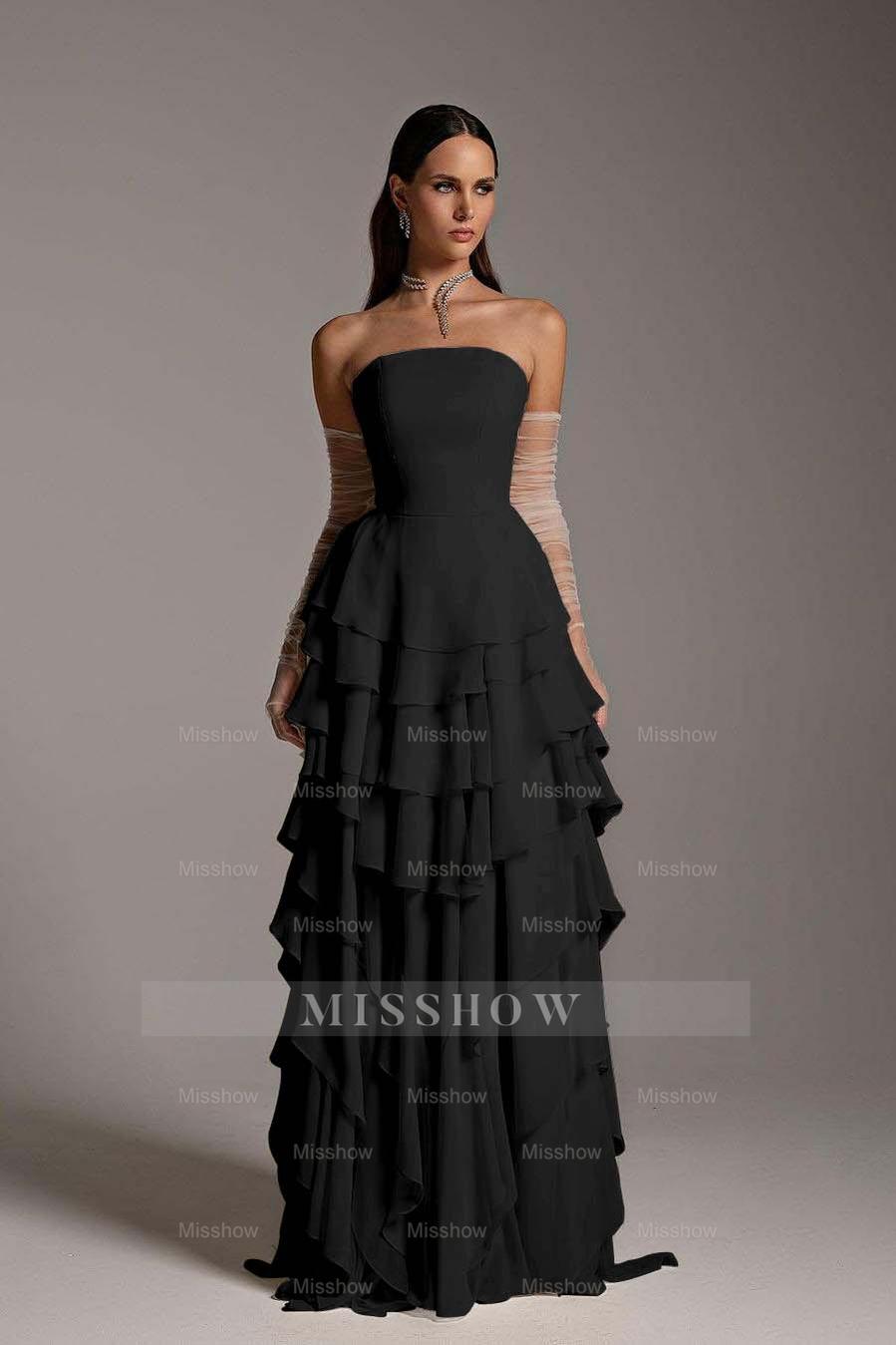 Charming Strapless Sleeveless Ruffles Long Formal Dress With Gloves
